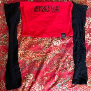 Absolute filth but still cute red black off shoulder crop top embroidered funny